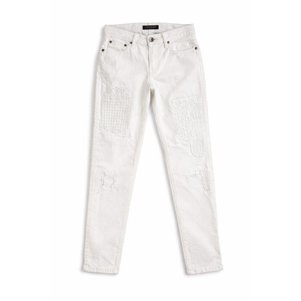 Lauren Ralph Lauren Eyelet Patchwork Jeans Womens 8 Relaxed Tapered White Denim